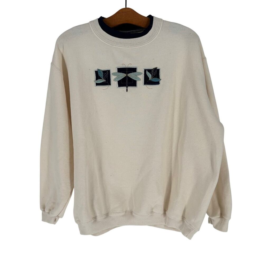 Vintage Top Stitch White Dragonfly Sweatshirt Size L Cottagecore Grandmacore